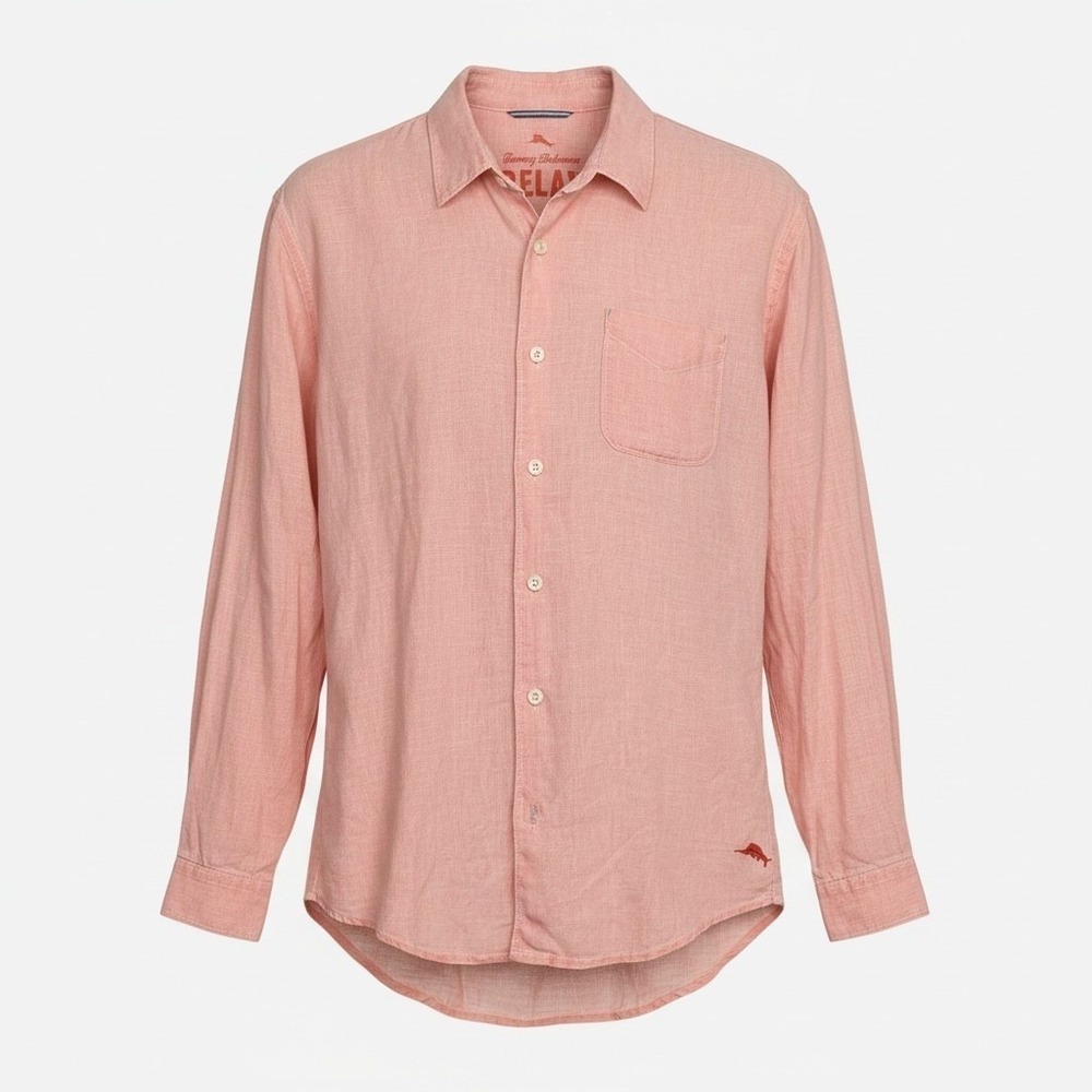 Tommy Bahama Relax Mens Large Peach‎ 100% Linen Long Sleeve Button Down Shirt